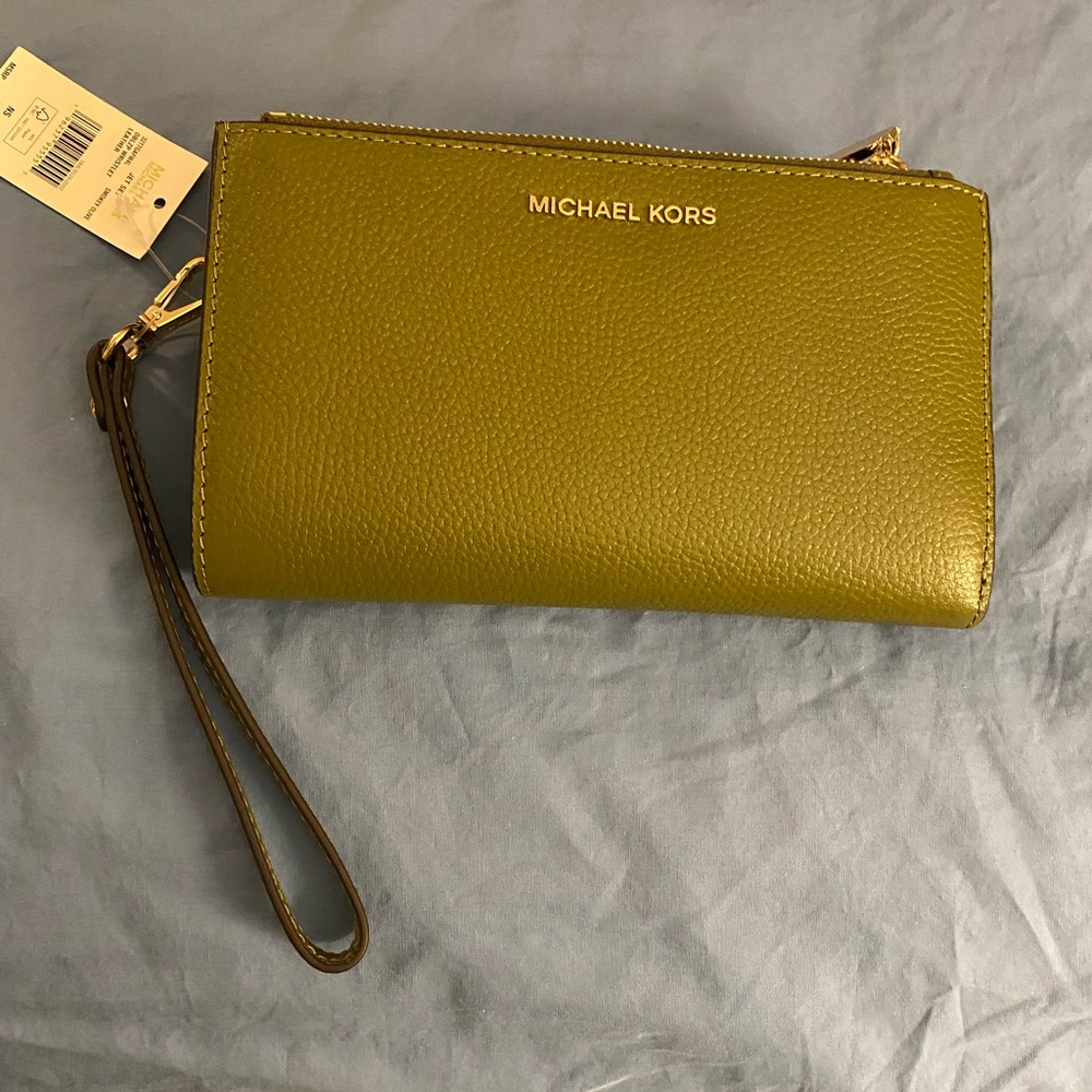 Michael Kors Green Clutch with Textured Leather and Gold Accents